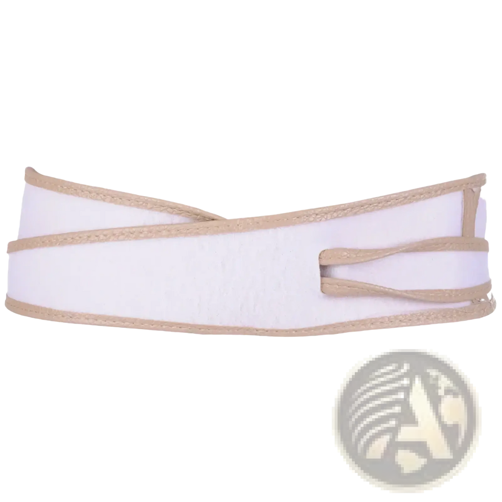Wide leather bowknot wrap belt for women with white and beige elastic waist support and reinforced stitching along edges