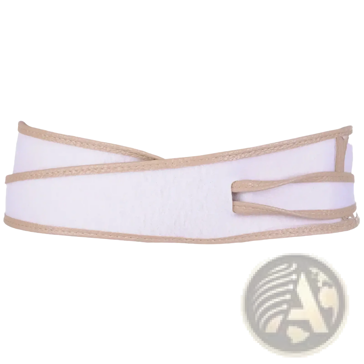 Wide leather bowknot wrap belt for women with white and beige elastic waist support and reinforced stitching along edges