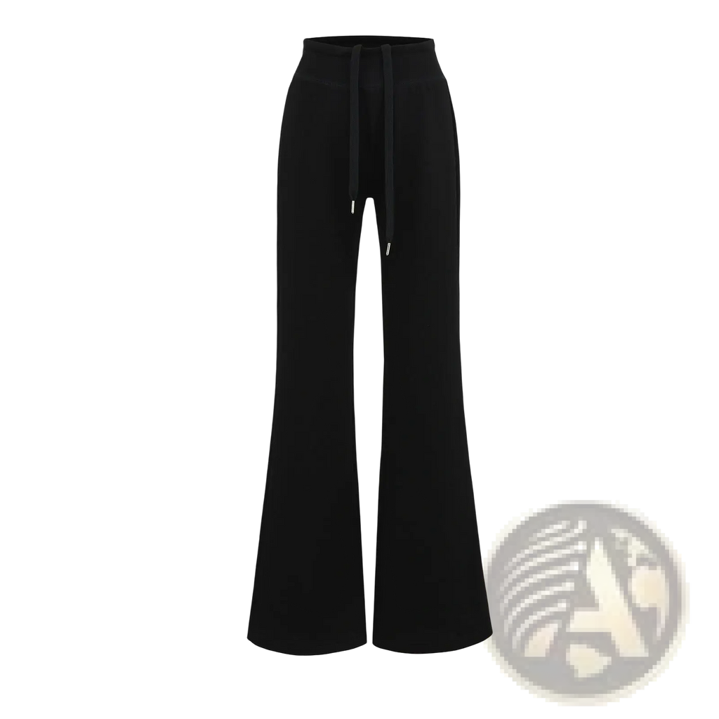Black wide leg athletic sweatpants with high-waisted flared design and drawstring waistband for comfort and style