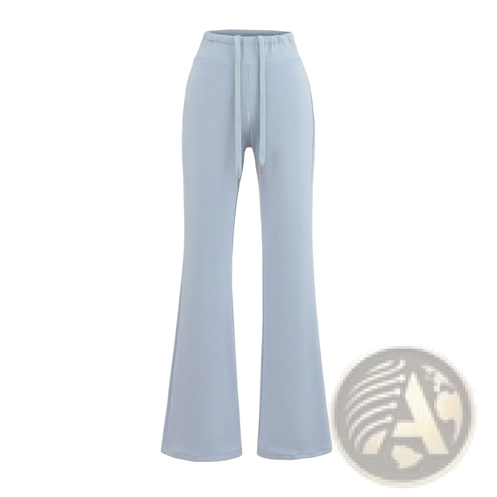 Light blue wide leg athletic sweatpants with high-waisted flared design and drawstring waistband for comfort