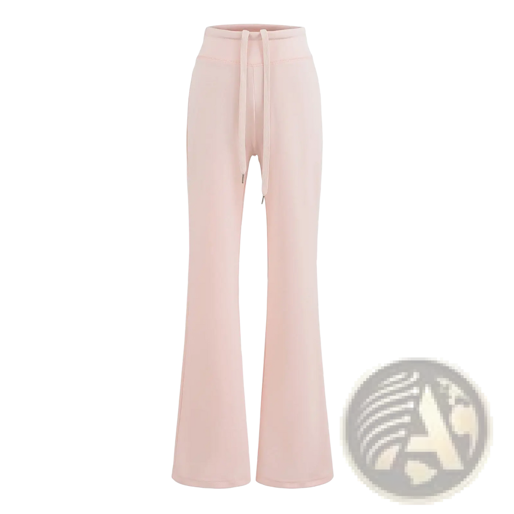 Soft blush pink wide leg athletic sweatpants with high-rise flared fit and drawstring waistband for comfort
