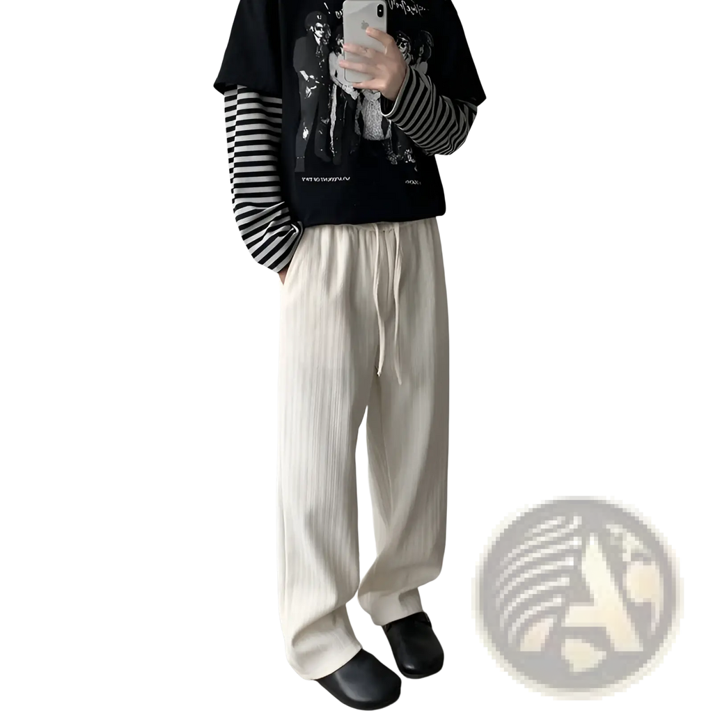 Off-white wide leg corduroy drawstring pants made of ribbed cotton with a comfortable relaxed fit