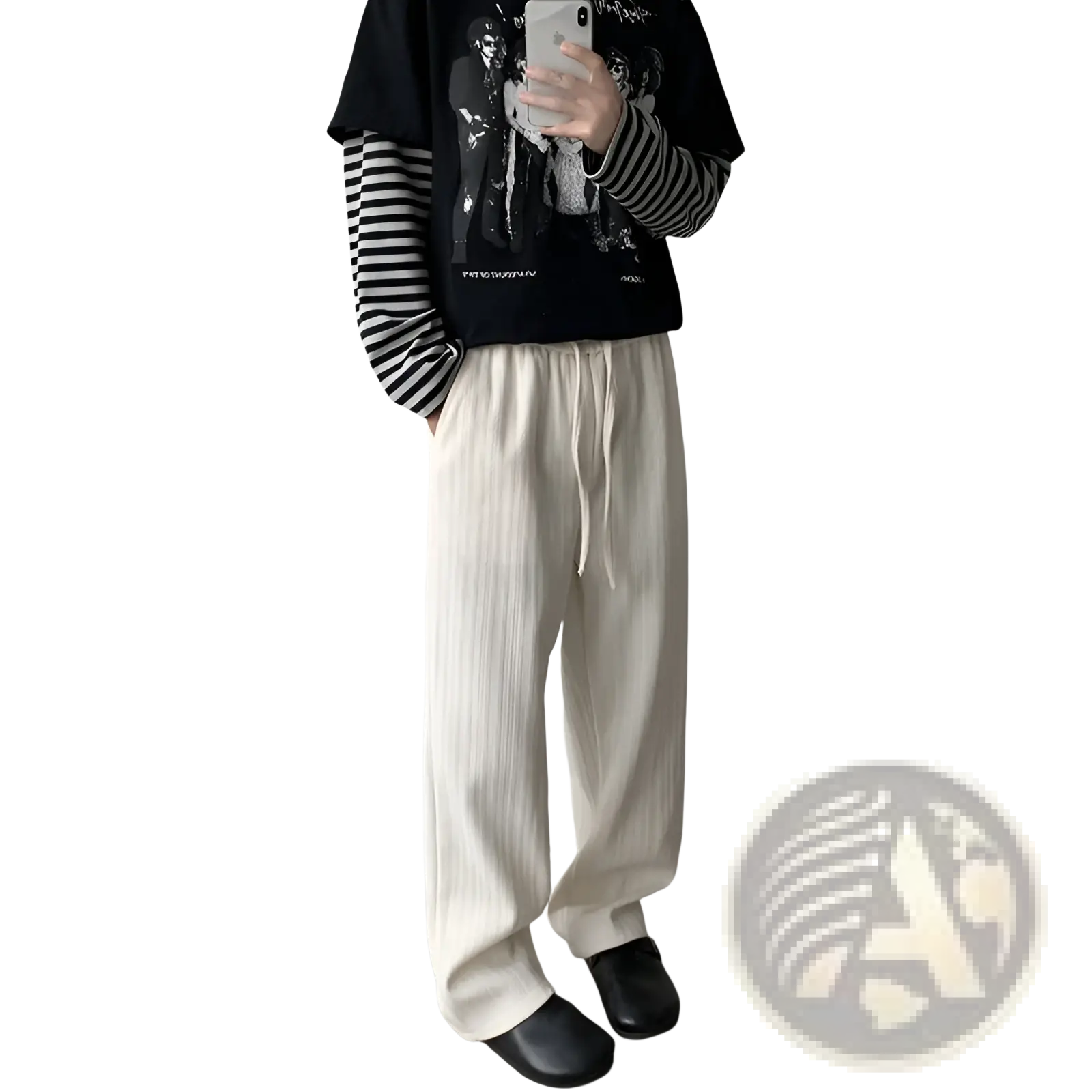 Off-white wide leg corduroy drawstring pants made of ribbed cotton with a comfortable relaxed fit