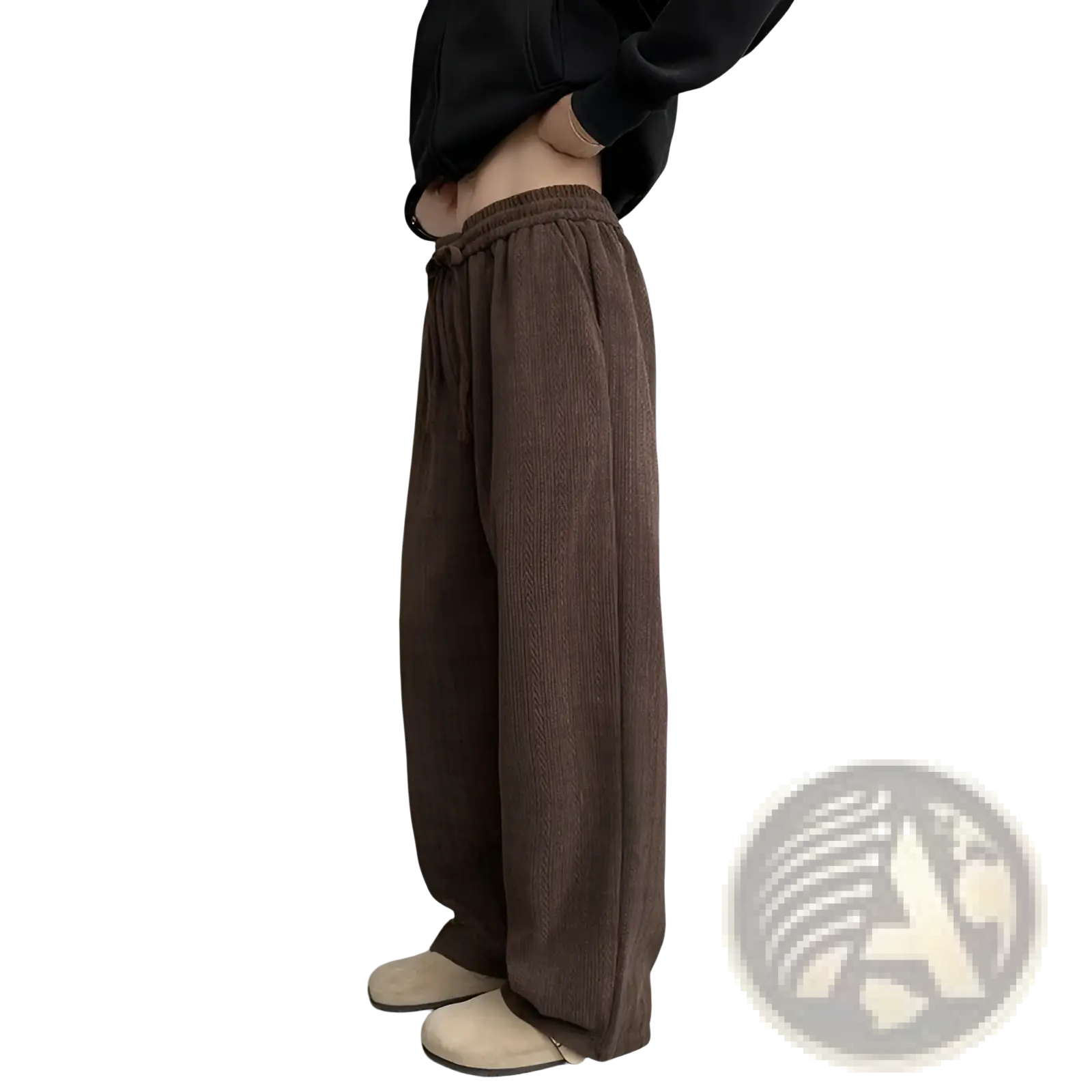 Brown wide leg corduroy drawstring pants featuring an elastic waistband for comfortable fit