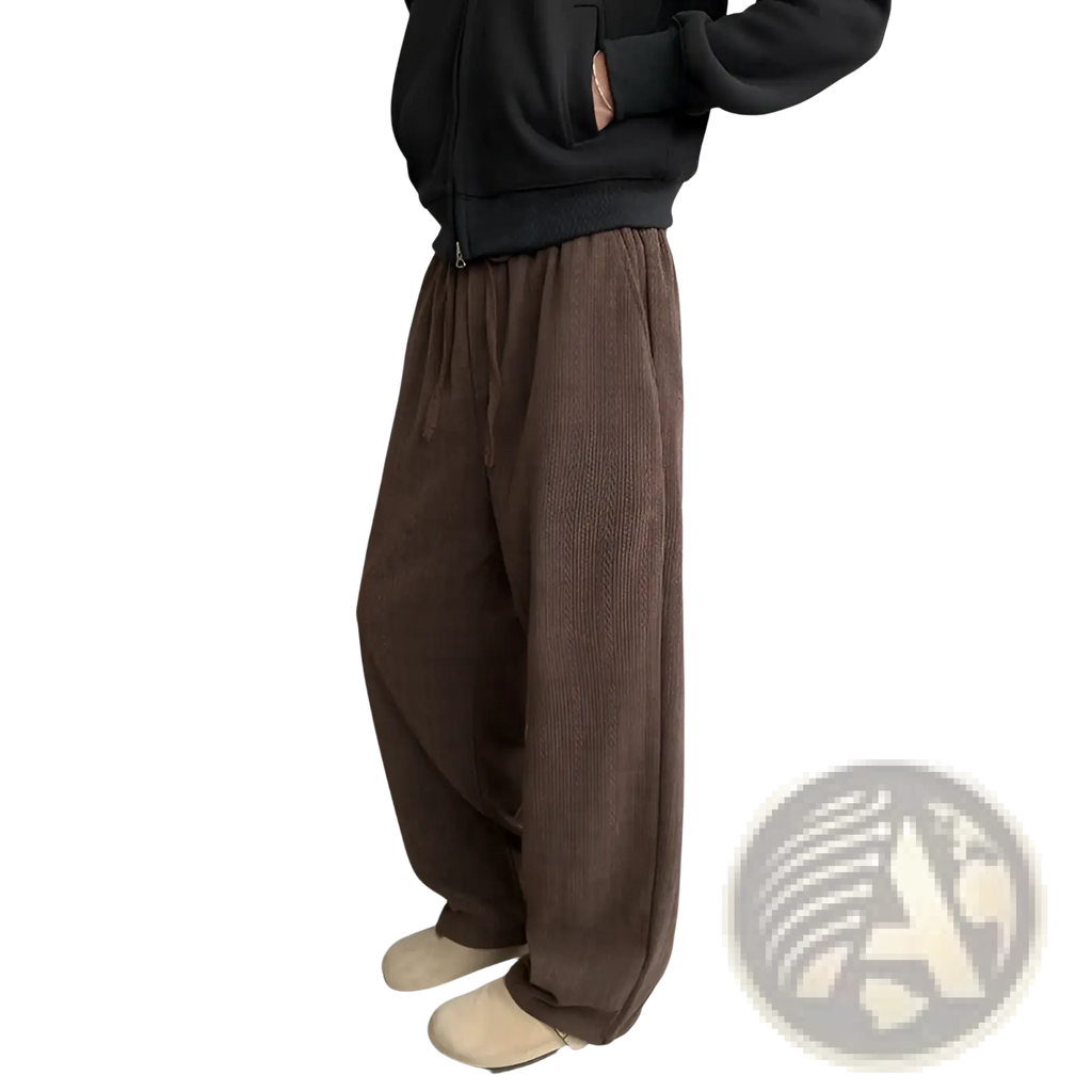 Brown corduroy wide leg pants with a drawstring waist designed for comfortable casual wear