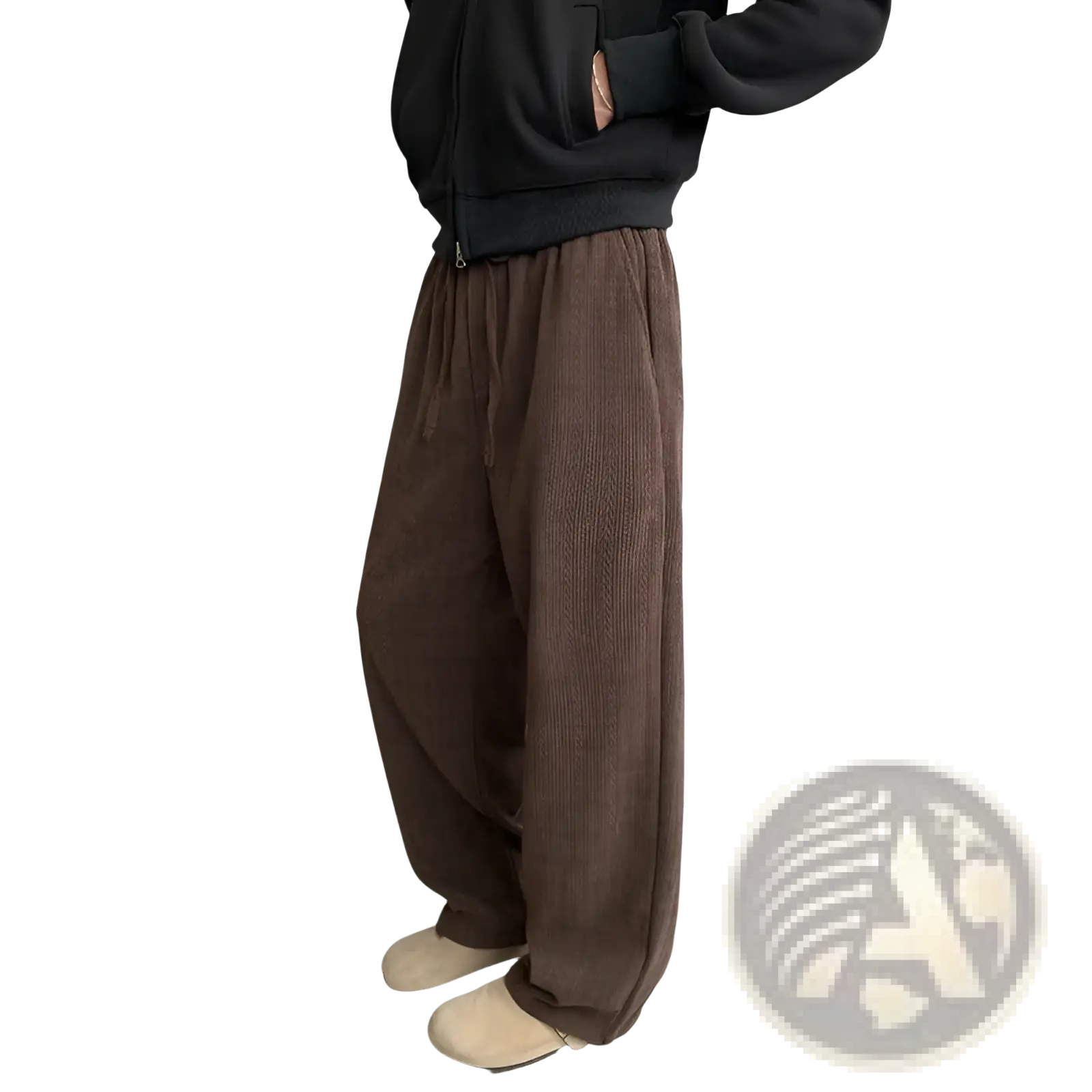 Brown corduroy wide leg pants with a drawstring waist designed for comfortable casual wear