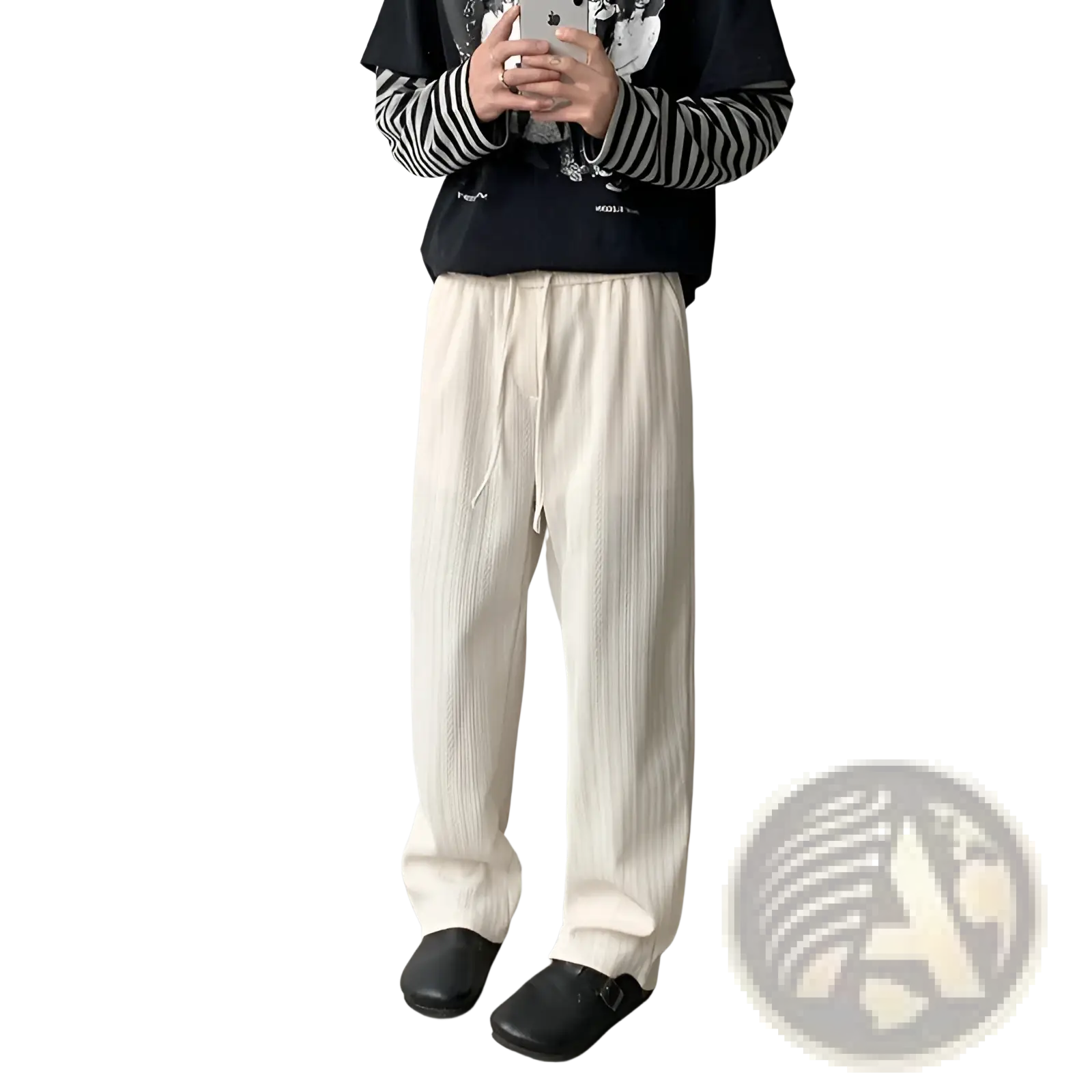 Wide leg corduroy drawstring pants in cream with ribbed knit texture and adjustable waist for comfortable fit