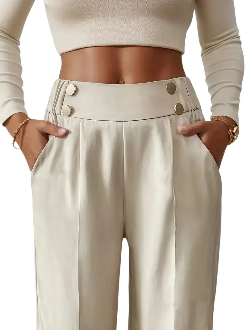 Wide leg cream high waisted trousers in beige satin finish with three gold toned buttons at the waistband