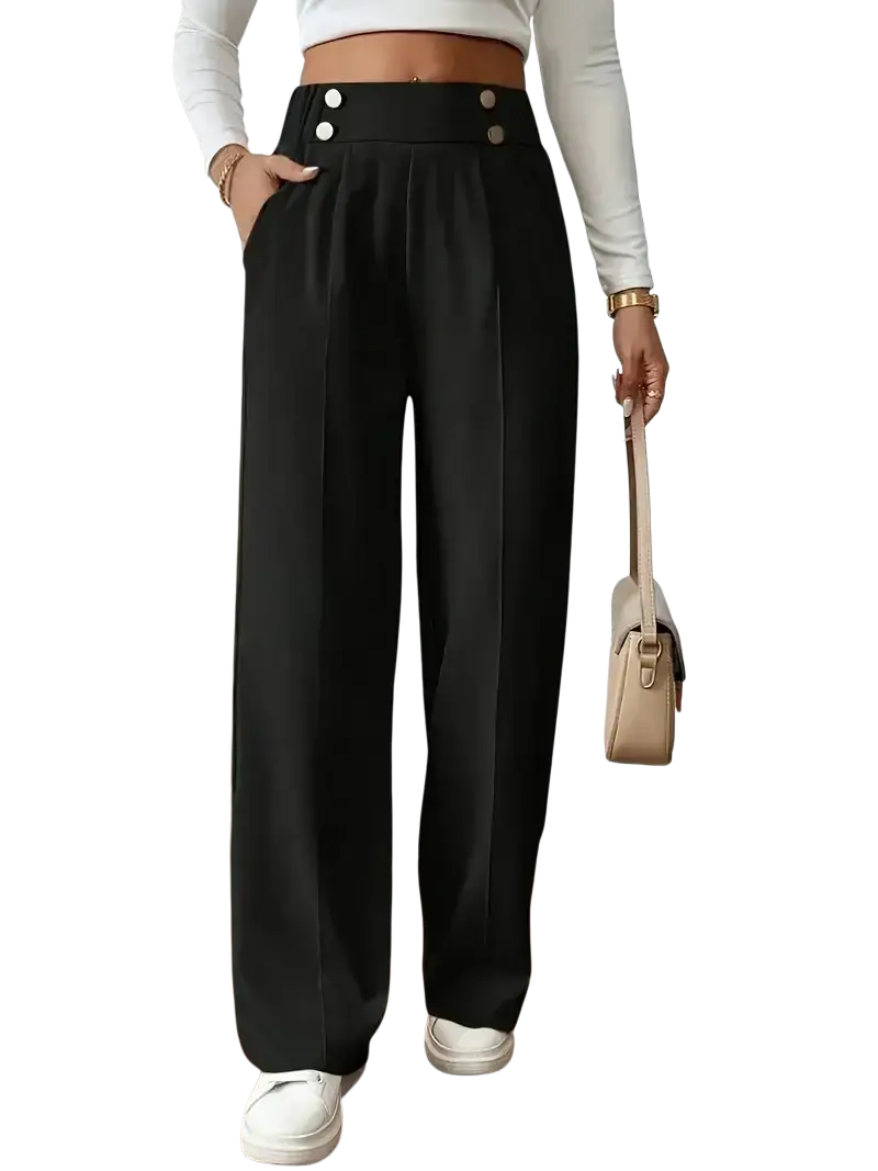 Black high-waisted wide leg trousers with a sleek tailored fit and silver button details at the waistband