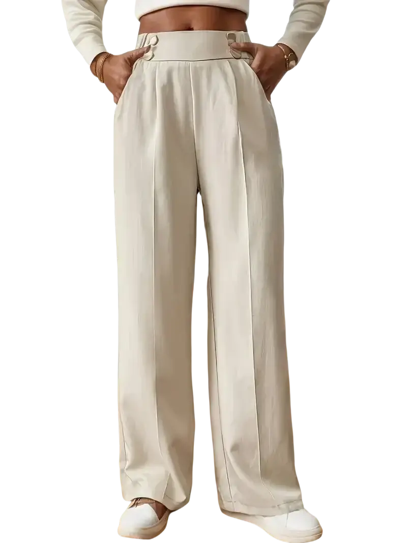 Wide leg cream high waisted trousers with sleek pleats and metallic buckle accents for elegant wear