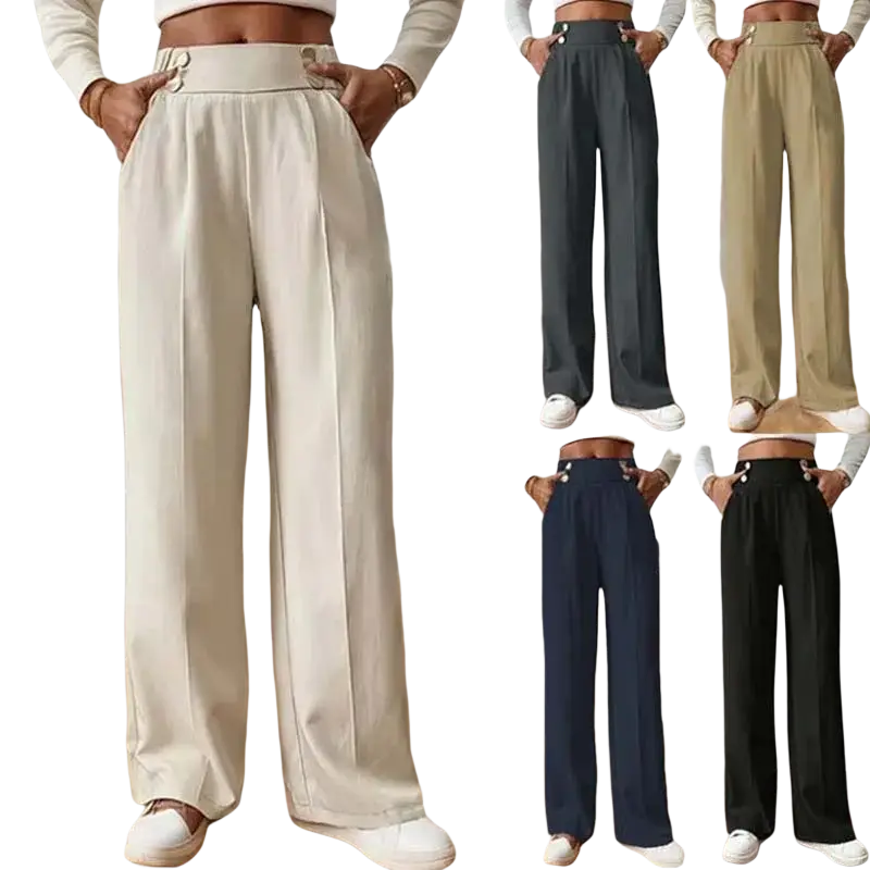 Cream high waisted wide leg trousers with sleek tailored design and metallic button accents at waistband