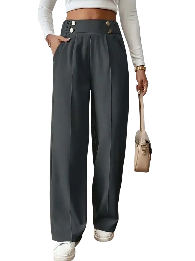 Wide leg dark gray high waisted tailored trousers with button detailing at the waistband for a sleek fit