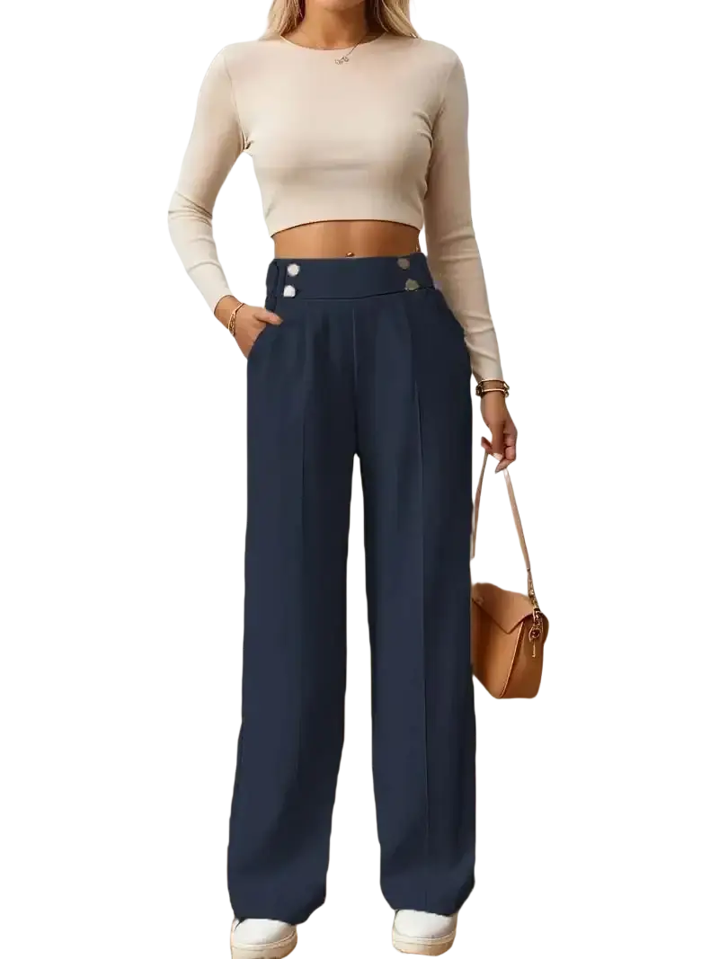 Navy blue high-waisted wide leg trousers with a tailored fit and decorative waistband buttons for formal wear