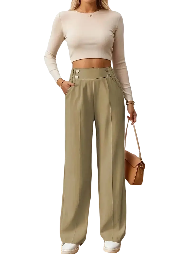 Olive green high waisted wide leg trousers with buttoned front details ideal for stylish casual wear
