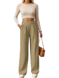 Olive green high waisted wide leg trousers with buttoned front details ideal for stylish casual wear