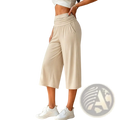Beige high waist wide leg cropped pants with gathered waistband and side pockets for casual wear