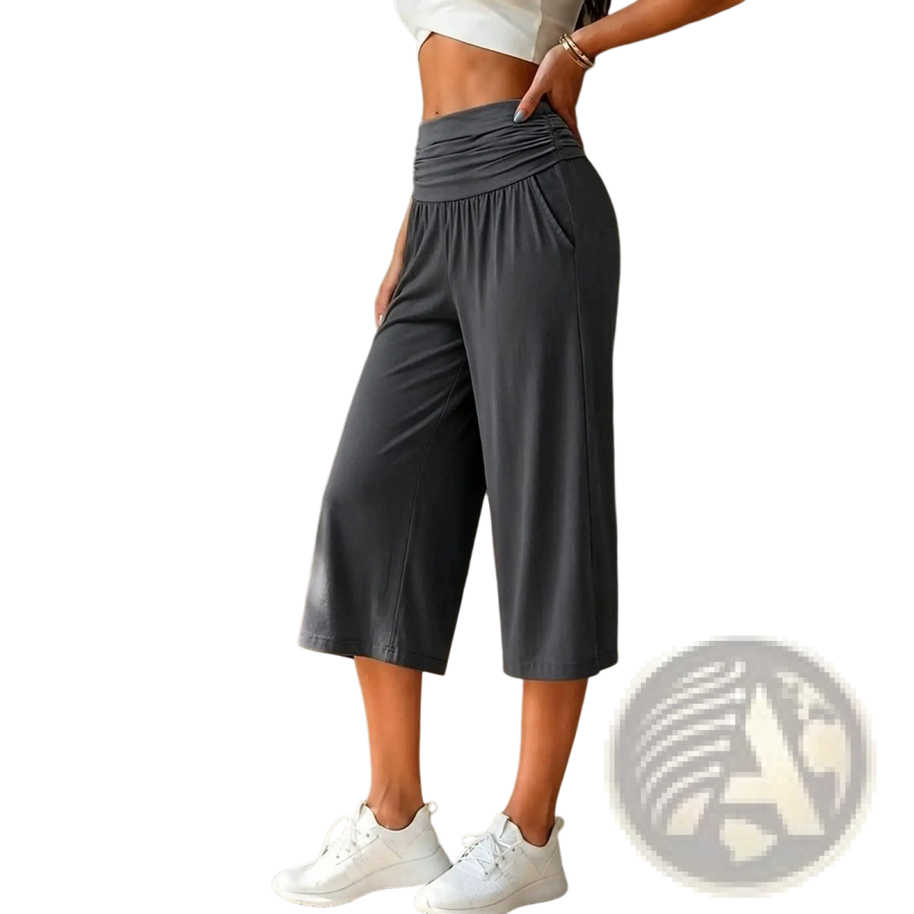 Wide leg cropped high waist casual gray pants with ruched waistband and side pockets in comfortable fabric