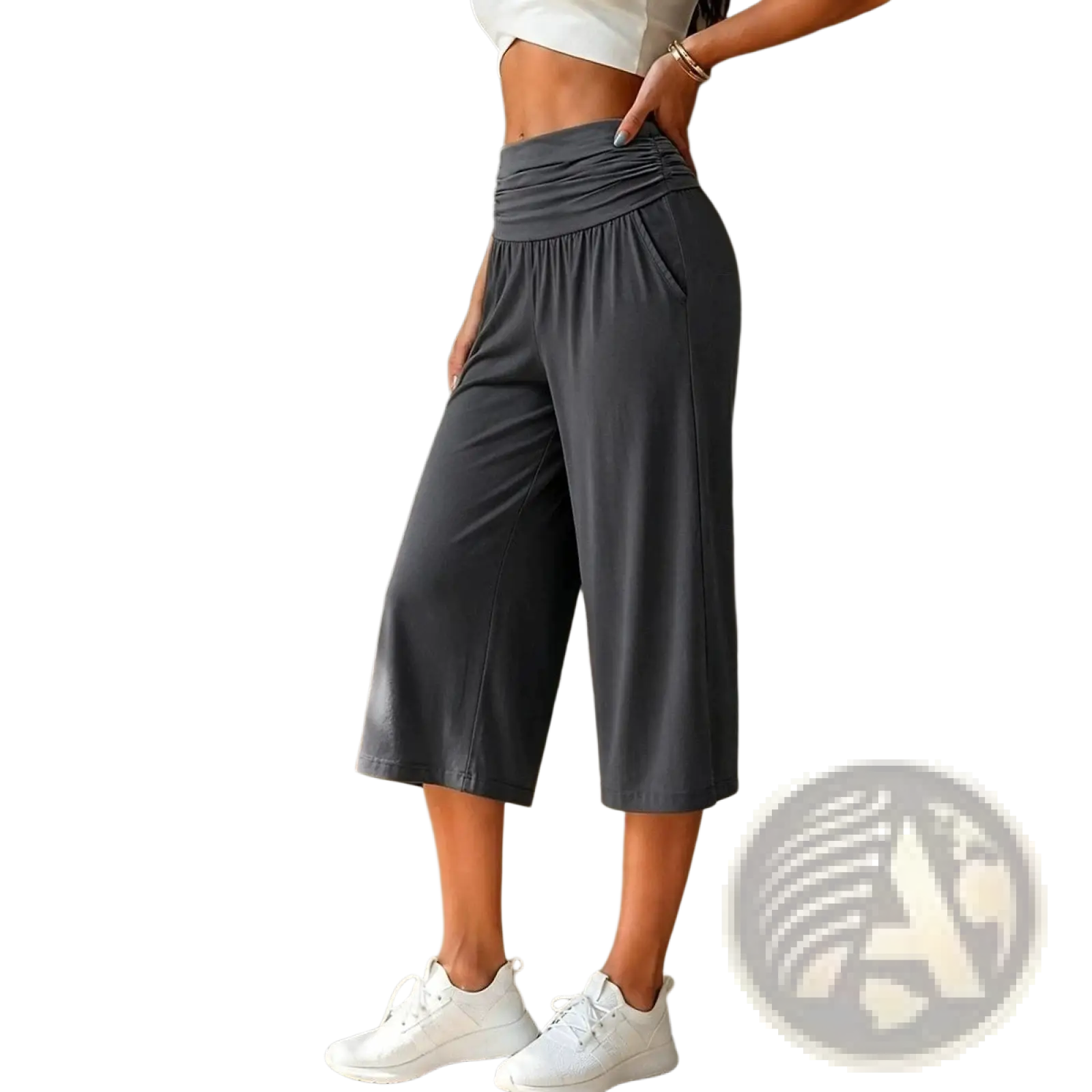 Wide leg cropped high waist casual gray pants with ruched waistband and side pockets in comfortable fabric