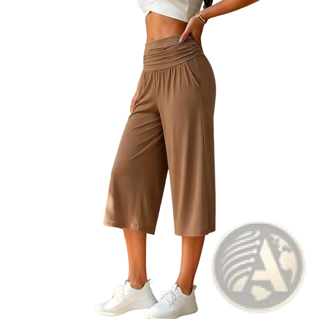 Tan wide leg cropped pants with high waist gathered waistband and side pockets for casual wear