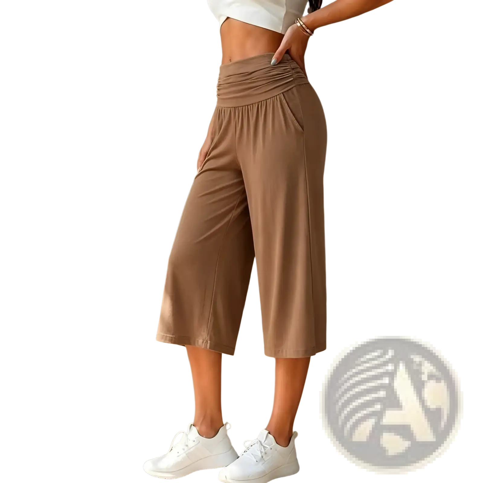 Tan wide leg cropped pants with high waist gathered waistband and side pockets for casual wear