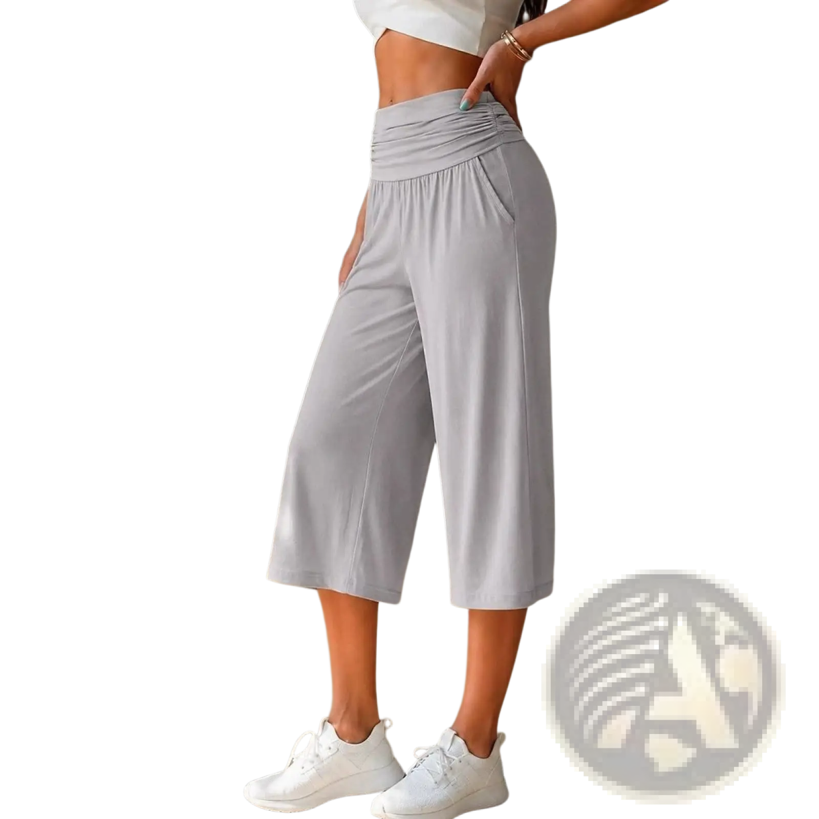 Light gray wide leg cropped pants with high waist made of soft stretchy fabric featuring subtle side pockets