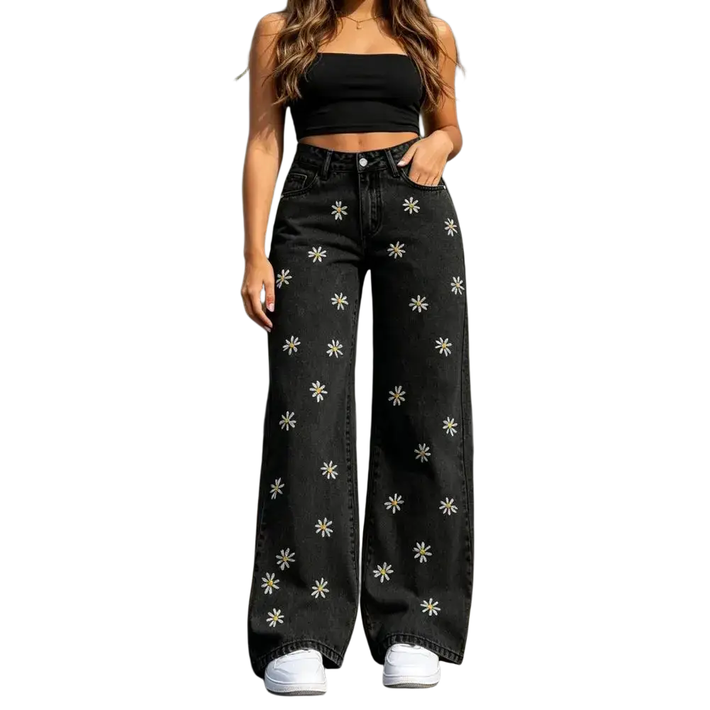 Black denim wide leg jeans with white embroidered daisy patterns showcasing the front side design