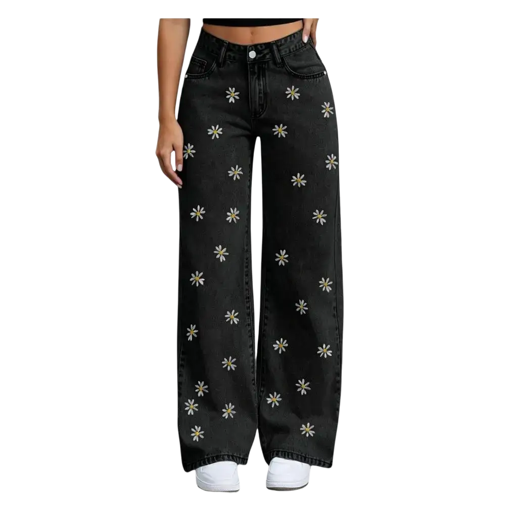 Black denim wide leg jeans featuring white embroidered daisies for a stylish casual look