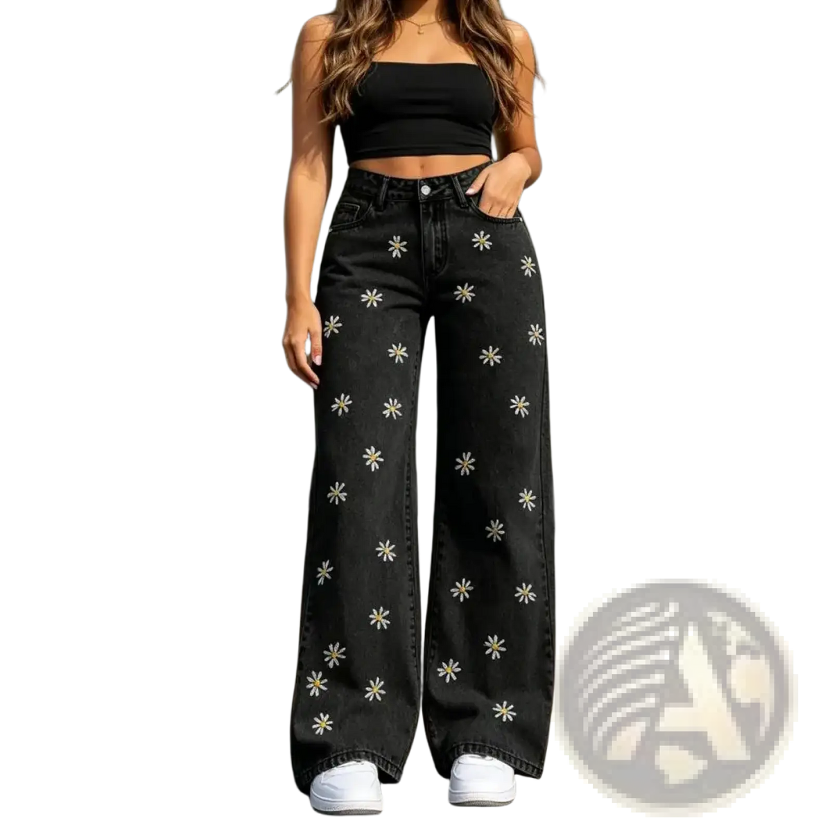 Black denim wide leg jeans with white embroidered daisy patterns showcasing the front side design
