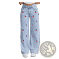 Light-wash denim wide-leg jeans with red cherry embroidery featuring daisy accents for casual wear