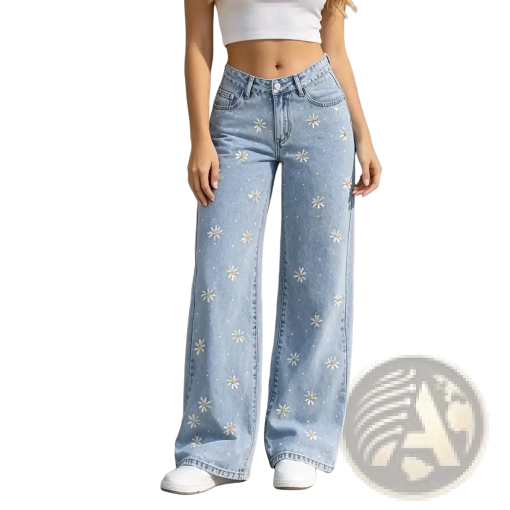 Light-wash denim wide-leg jeans with delicate white daisy embroidery on breathable cotton fabric
