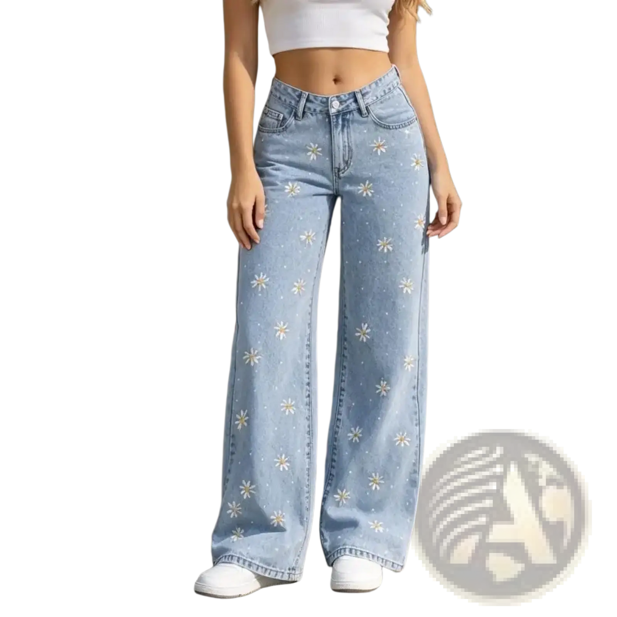 Light-wash denim wide-leg jeans with delicate white daisy embroidery on breathable cotton fabric