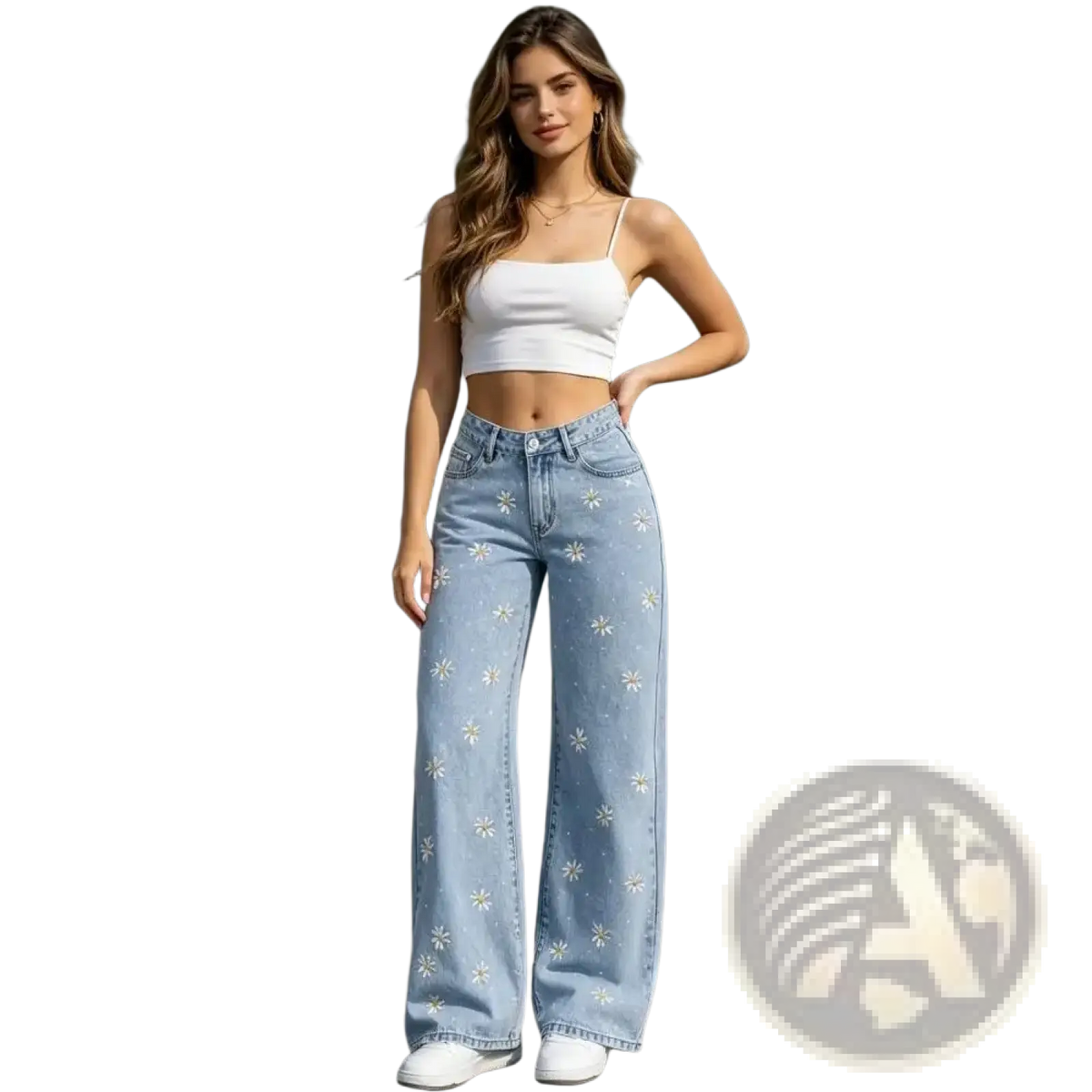 Wide leg daisy embroidered denim jeans in light wash with delicate white floral embroidery on fabric front and back views