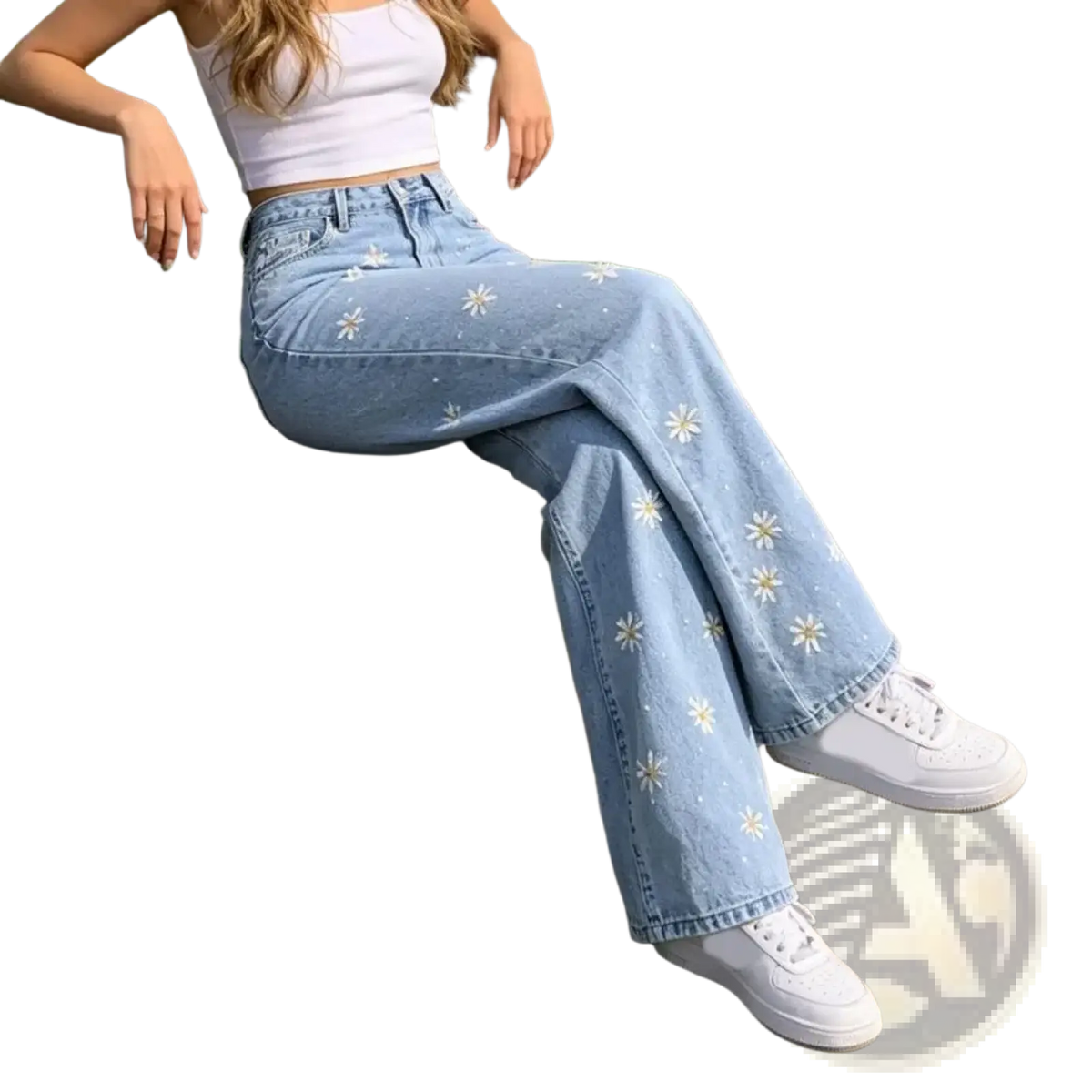 Light-wash denim wide leg jeans with delicate white daisy embroidery on soft cotton fabric for casual wear