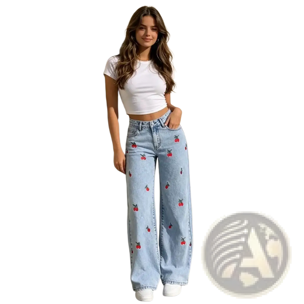 Wide leg daisy embroidered denim jeans in light wash with playful red cherry embroidery across the fabric