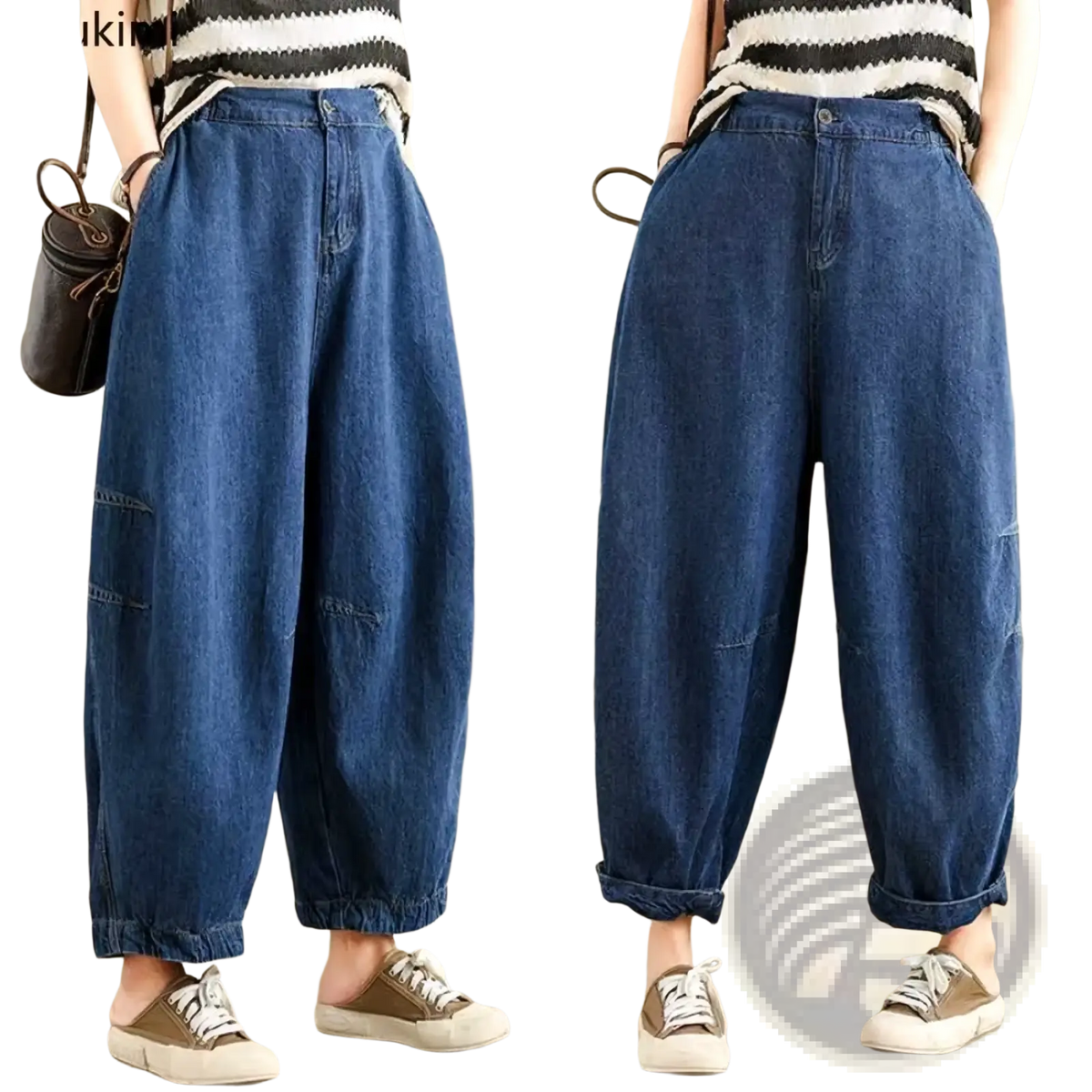 Wide leg denim harem pants for women featuring blue relaxed wide-leg cut and rolled cuffs in casual jeans style