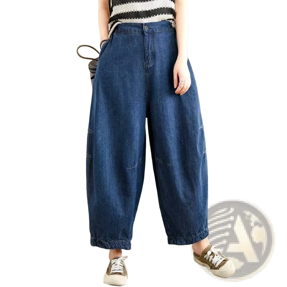 Wide leg denim harem pants for women in blue denim with relaxed fit and elastic cuffs for casual wear