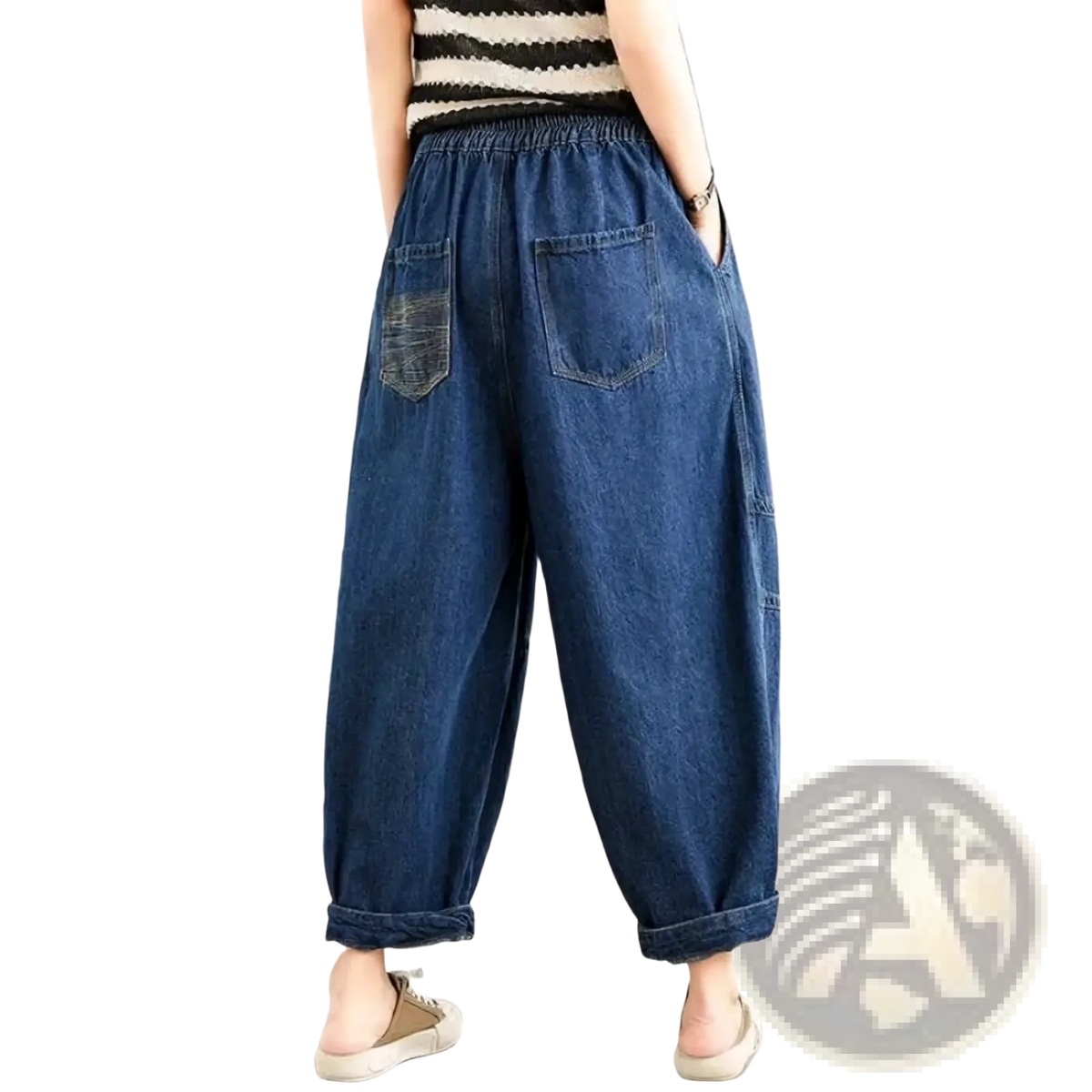 Wide leg denim harem pants for women casual jeans in blue denim with relaxed fit and rolled cuffs
