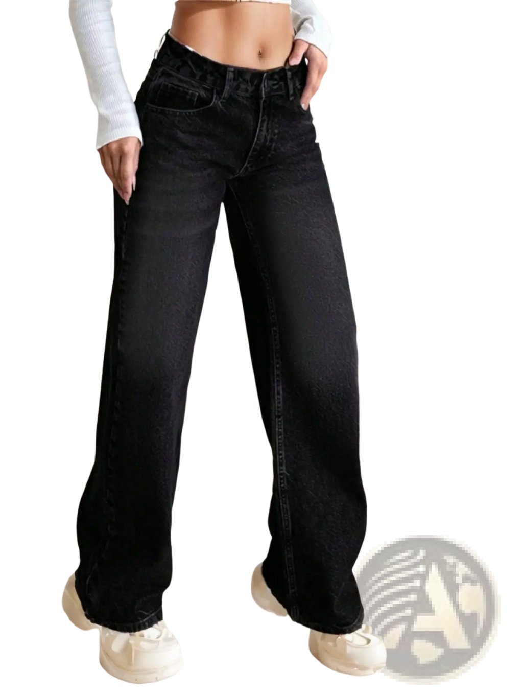 Black wide leg denim jeans with high waist and classic five pocket design for casual wear
