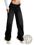 Black wide leg denim jeans with high waist and classic five pocket design for casual wear