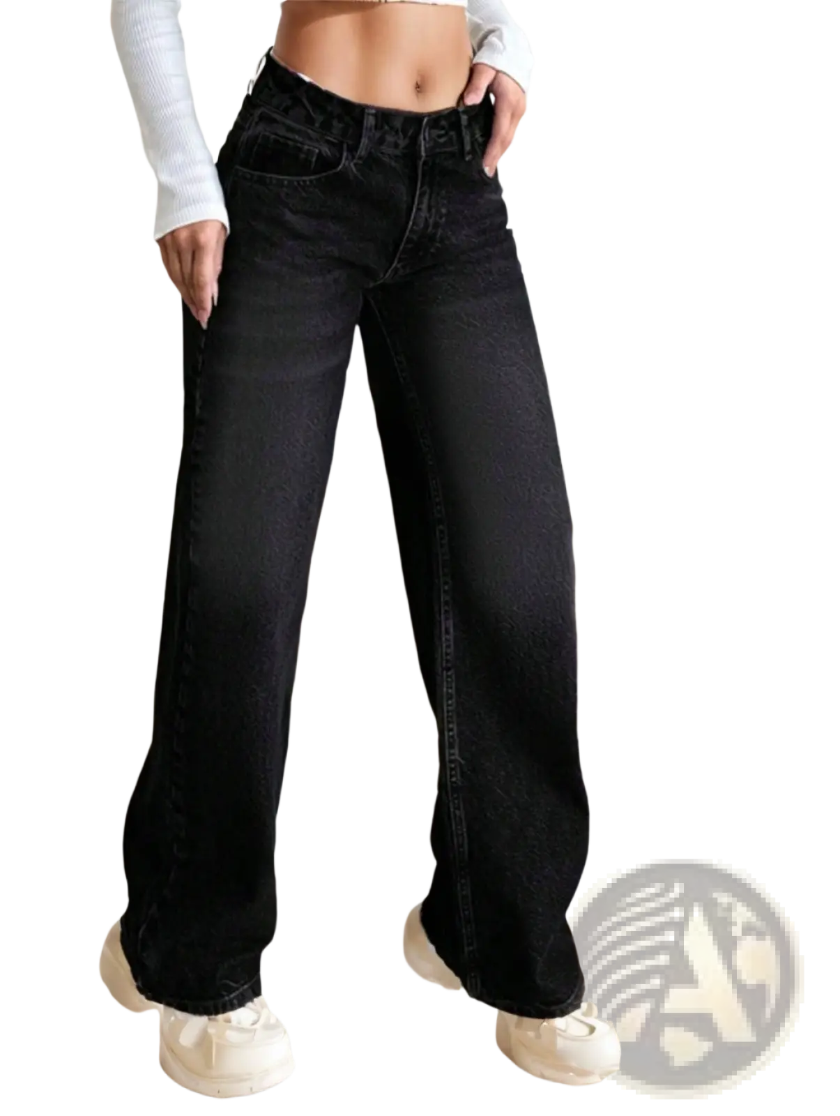 Black wide leg denim jeans with high waist and classic five pocket design for casual wear