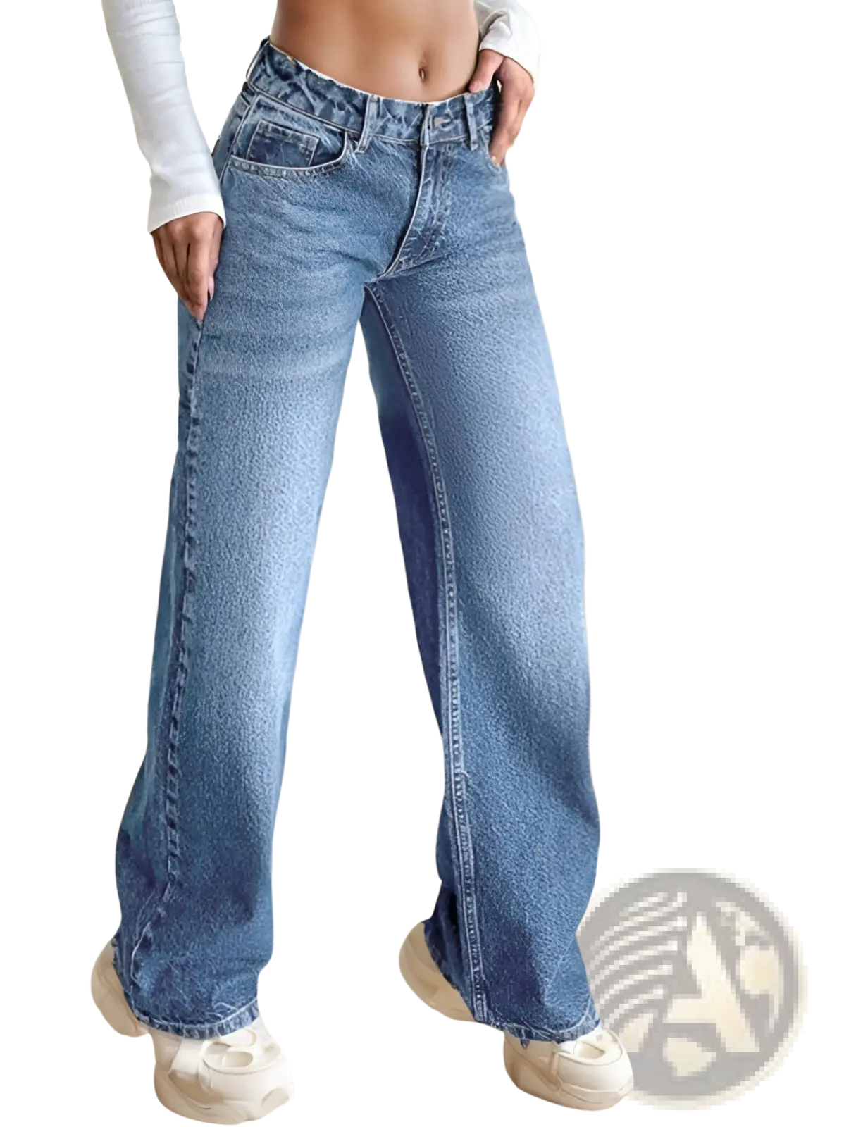 Light-wash denim wide leg jeans with high waist and visible stitching for casual wear
