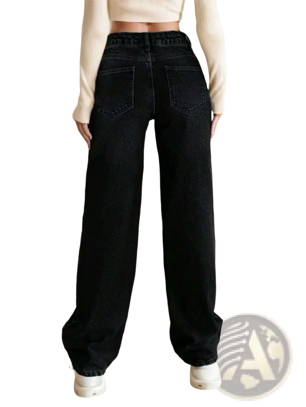 Black high-waisted wide-leg denim jeans with straight-cut silhouette and classic back pockets shown from the back side