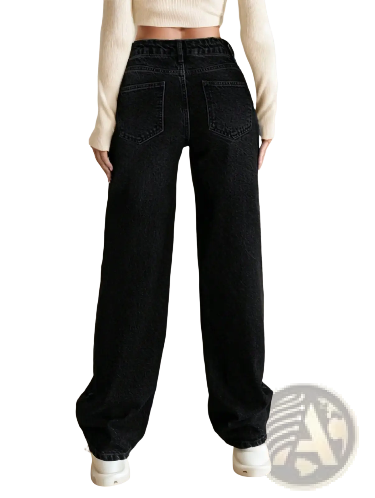 Black high-waisted wide-leg denim jeans with straight-cut silhouette and classic back pockets shown from the back side