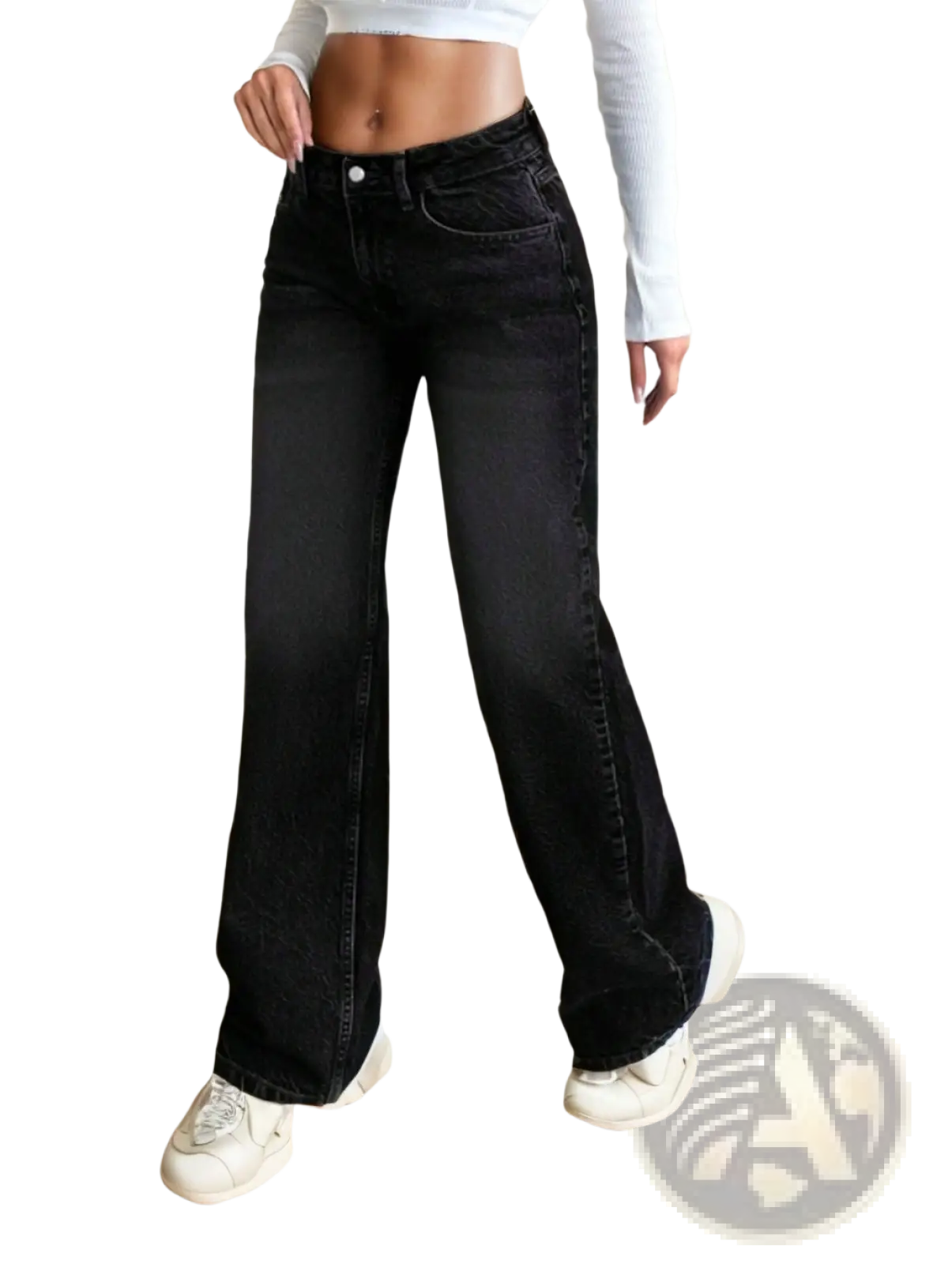 Black wide leg denim jeans with a high waist and subtle fading designed as casual pants