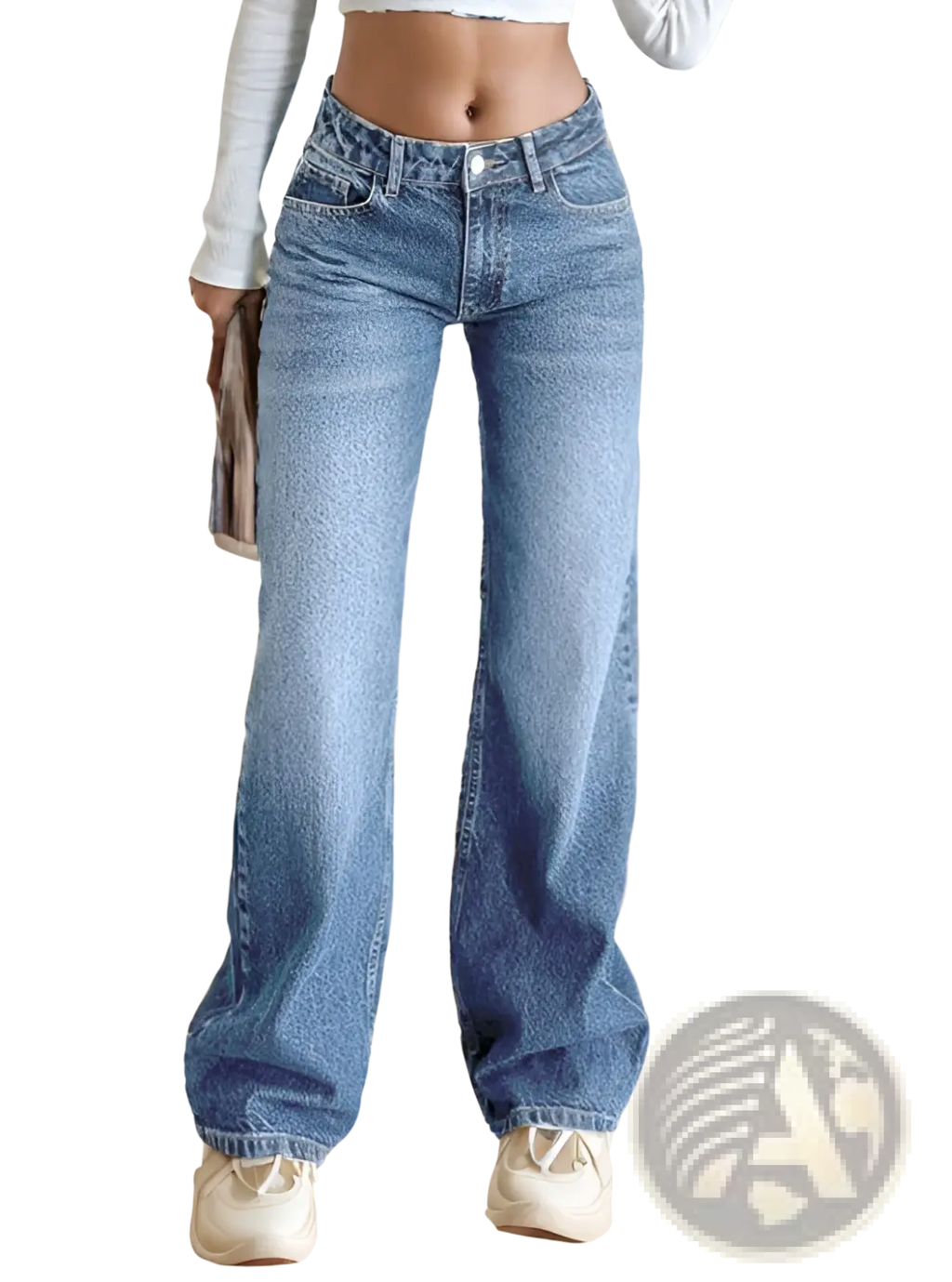 Light-wash blue denim wide leg jeans with high waist and classic five-pocket design for casual wear