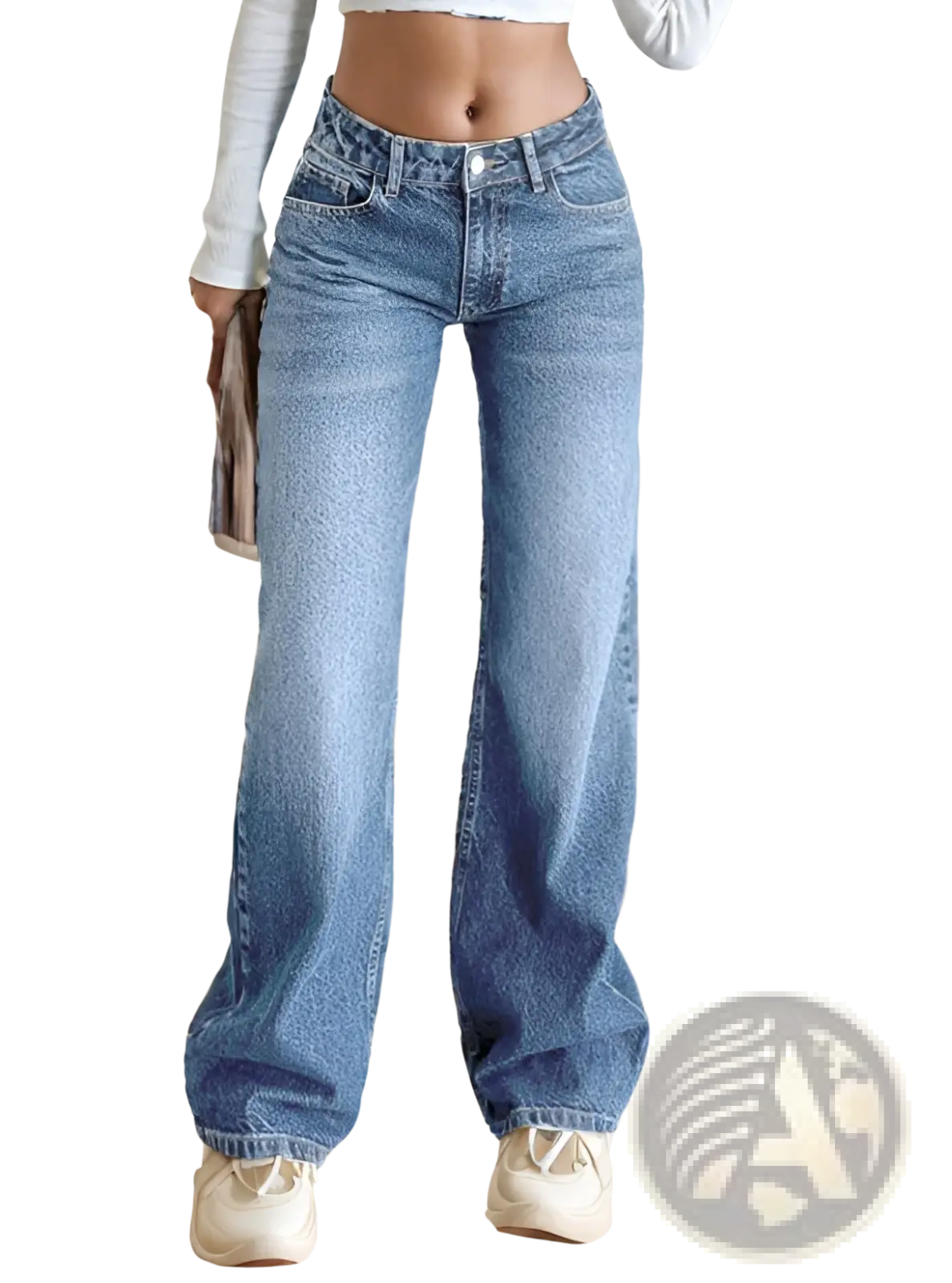 Light-wash blue denim wide leg jeans with high waist and classic five-pocket design for casual wear
