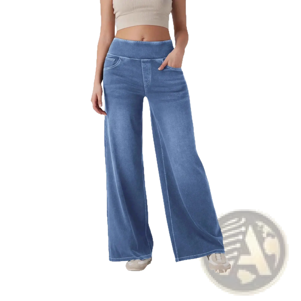 Blue wide-leg denim jeans with a high waist and front pockets made from durable denim fabric