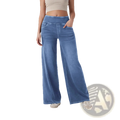 Blue wide-leg denim jeans with a high waist and front pockets made from durable denim fabric