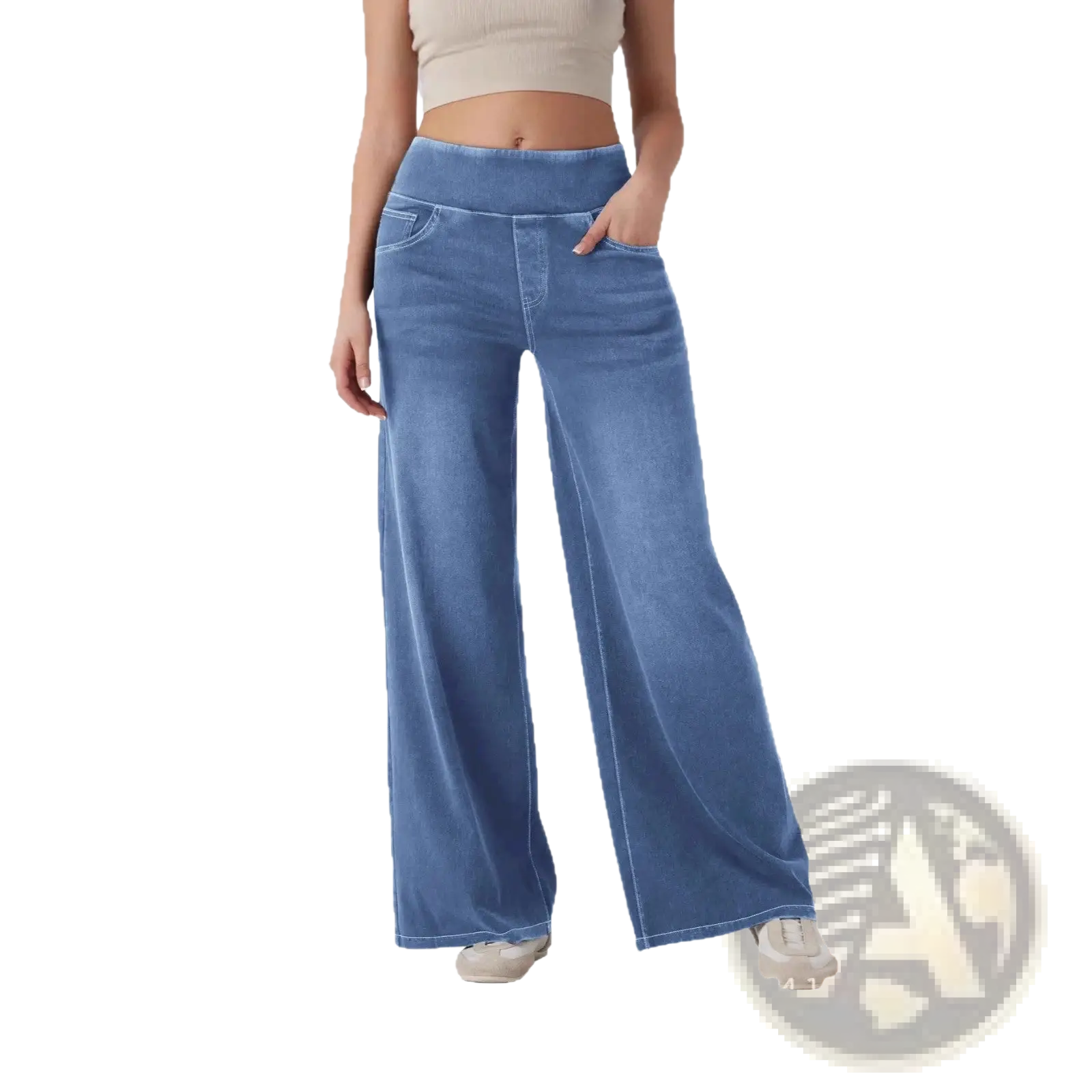Blue wide-leg denim jeans with a high waist and front pockets made from durable denim fabric