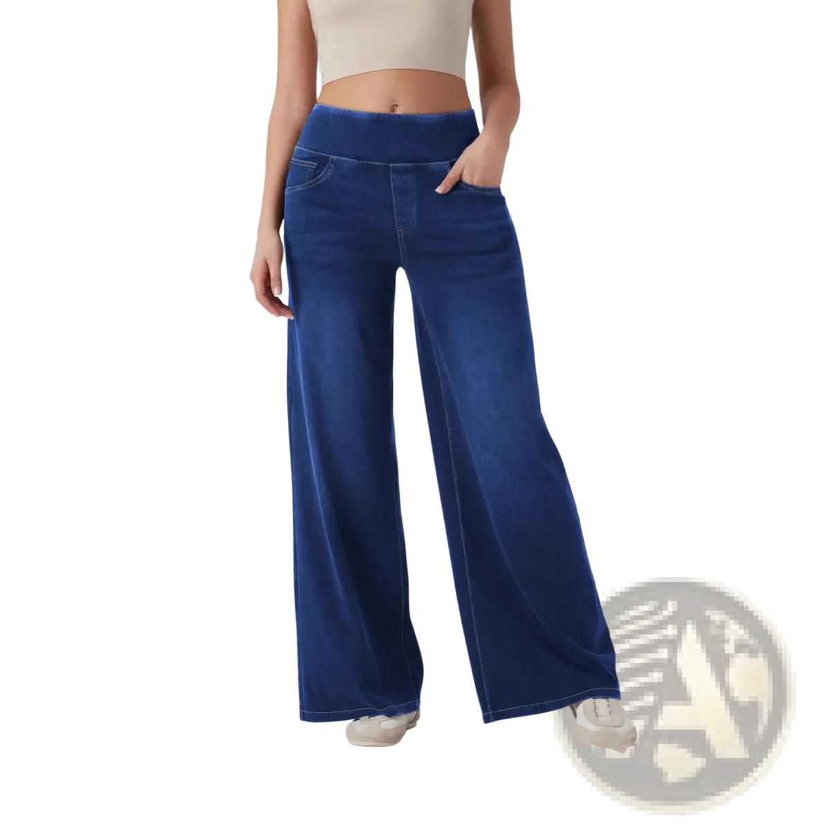 Deep blue wide-leg denim jeans with a high-waisted elastic band made of durable denim fabric